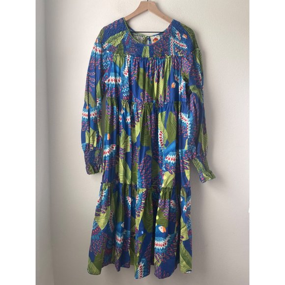 Farm Rio Women’s Tropical Dress Size L Blue Macaw long Sleeve MIDI Maxi - Picture 2 of 9